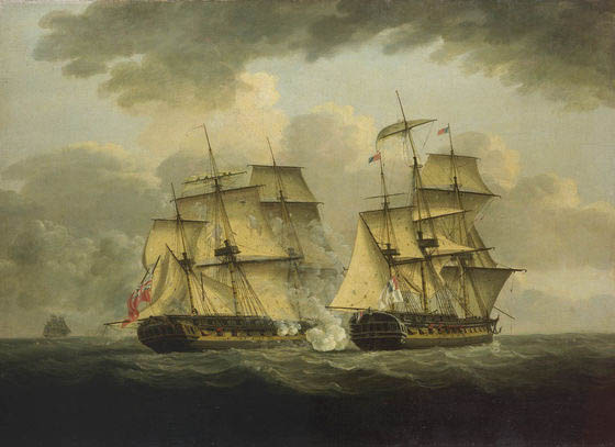 An oil painting of a naval engagement between the French frigate Semillante and British frigate Venus in 1793